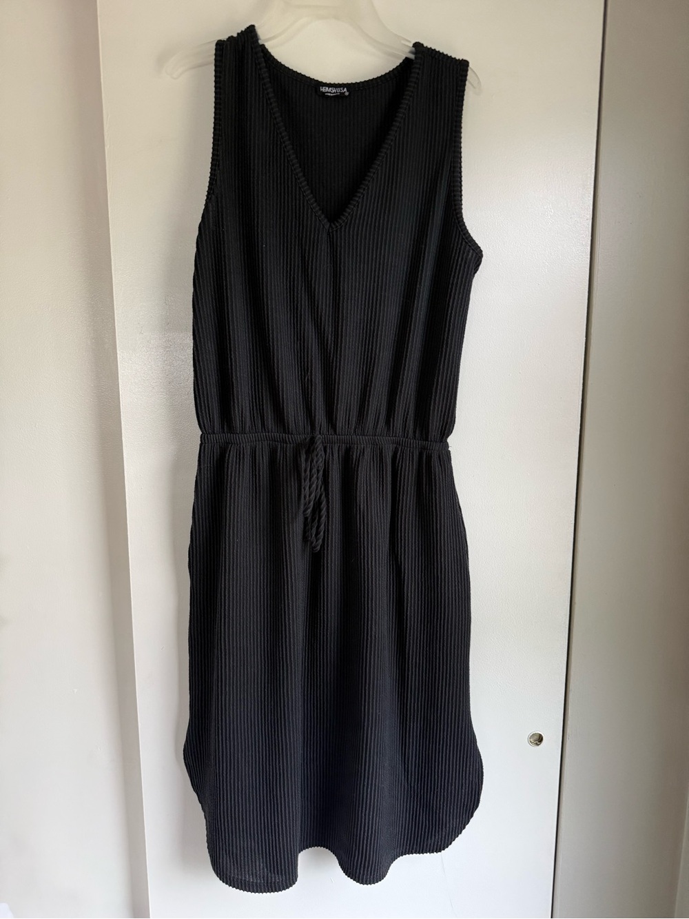 HEIMISH USA Black Sleeveless V-Neck Ribbed Drawstring Dress